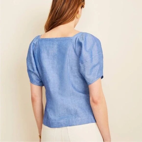 Ann Taylor Puff Sleeve Square Neck Top XXSP Linen Cotton Blend Button Down Blue - Picture 2 of 9
